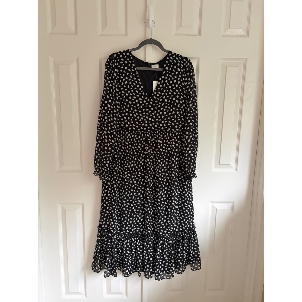 J.Crew Midi Dress M Black White Dot Ruffle Parisian Minimalist Casual Luxury